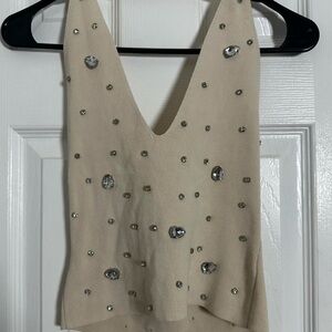 Beige Embellished V-Neck Women's Tank Top